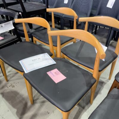 EX STAGING - BLACK LEATHER DINING CHAIR, LIGHT TIMBER FRAME, SOLD AS IS
