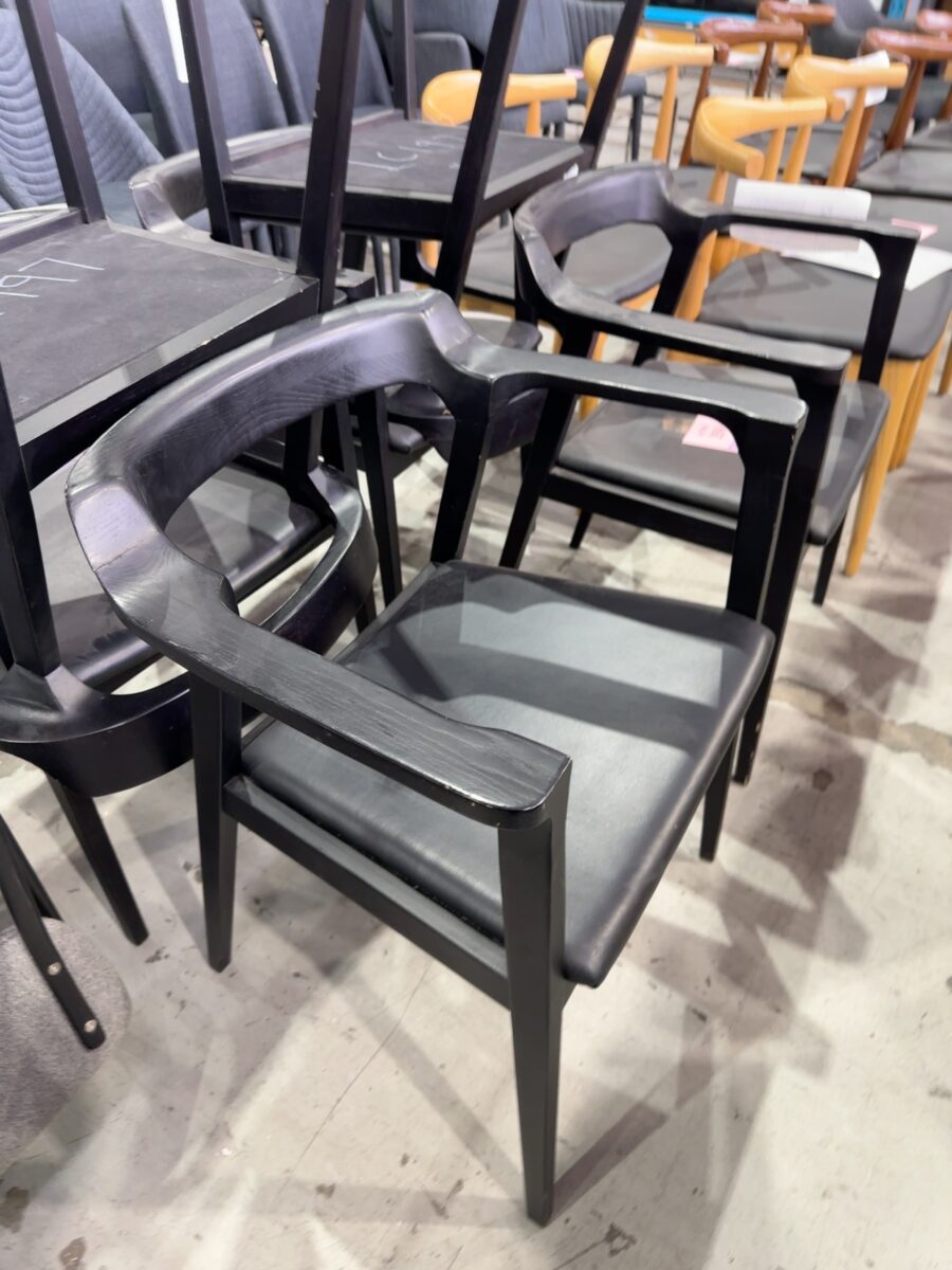 EX STAGING - BLACK LEATHER DINING CHAIR, BLACK TIMBER FRAME, SOLD AS IS
