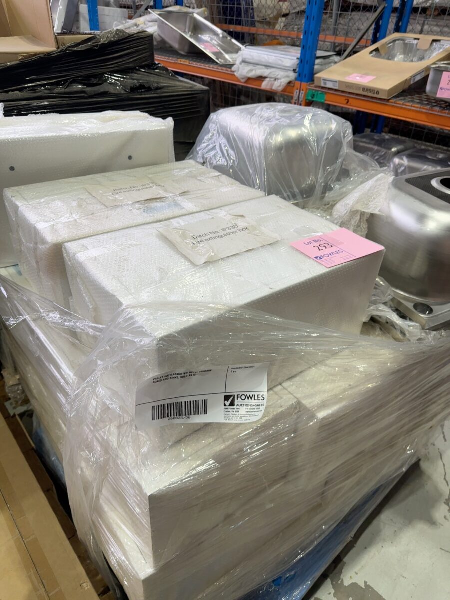 PALLET WITH ASSORTED METAL STORAGE BOXES AND SINKS, SOLD AS IS