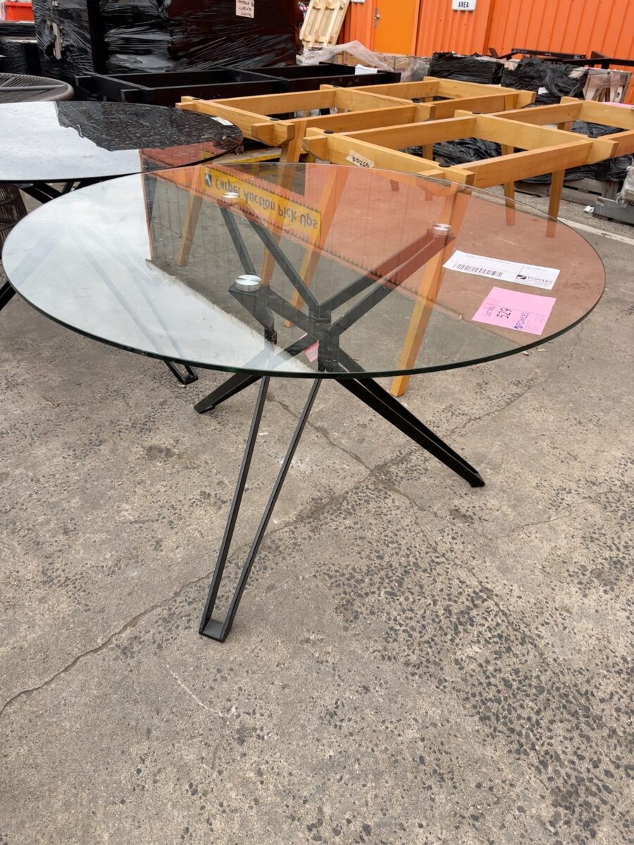 EX HIRE - ROUND GLASS 1200MM TABLE SOLD AS IS