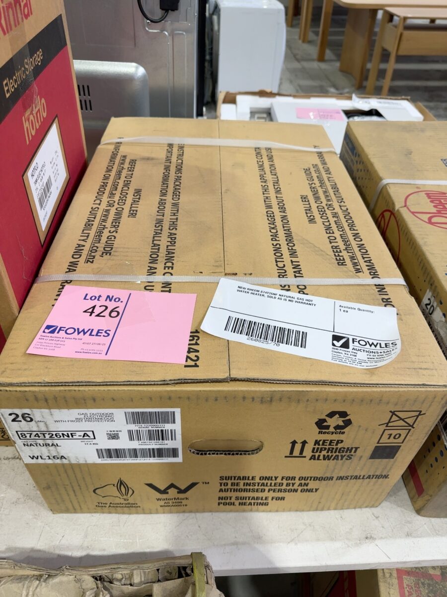 NEW RHEEM 874T26NF NATURAL GAS HOT WATER HEATER, SOLD AS IS NO WARRANTY