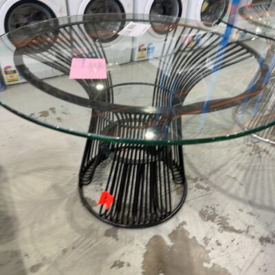 EX STAGING - 1200MM ROUND GLASS DINING TABLE WITH BLACK METAL BASE, SOLD AS IS