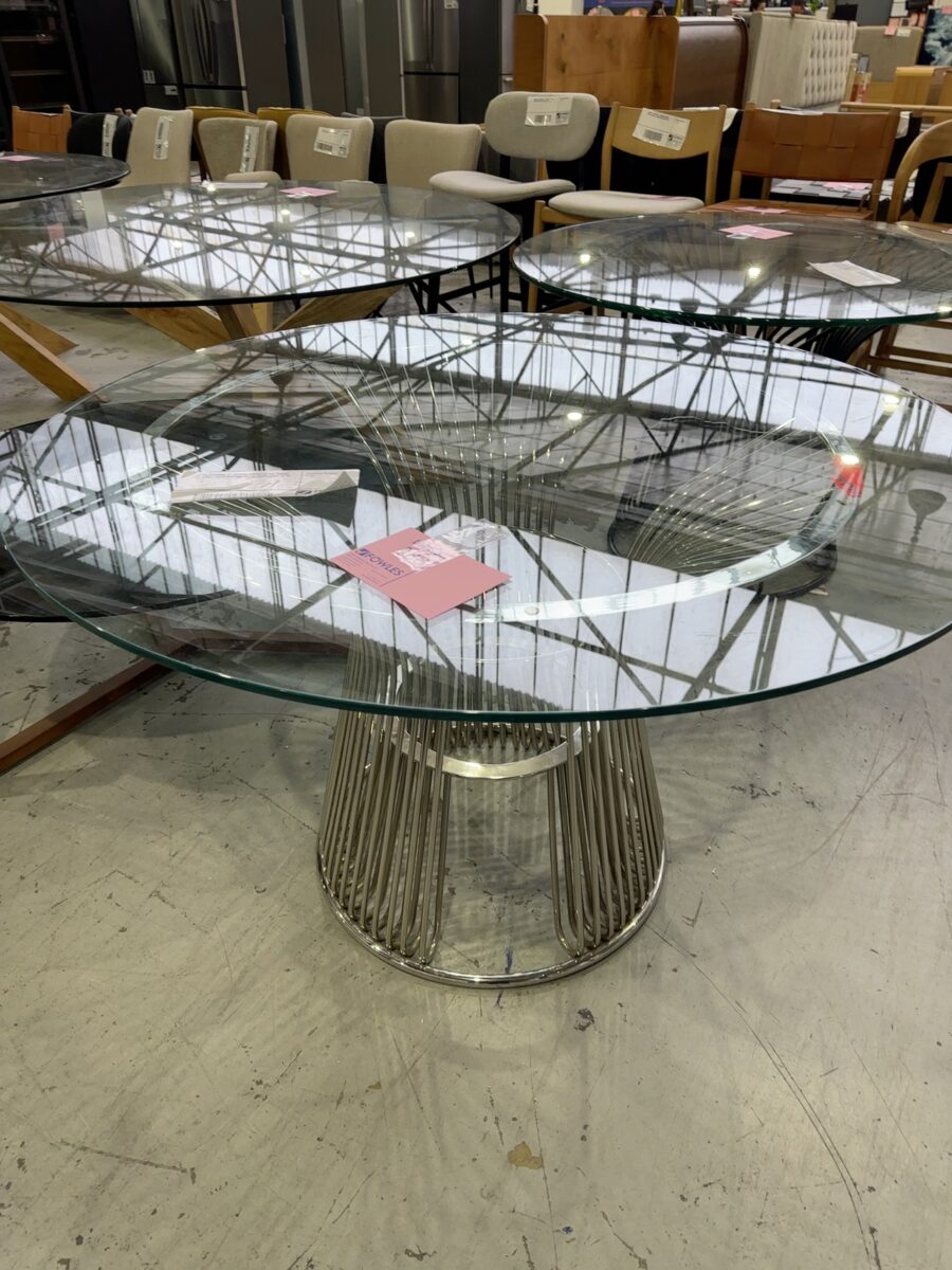 EX STAGING - 1200MM ROUND GLASS DINING TABLE WITH CHROME METAL BASE, SOLD AS IS