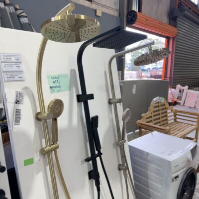 EX DISPLAY BOARD - LARGE BOARD OF PHOENIX DOUBLE HEAD SHOWER RAILS, IN GOLD, BLACK & NIKEL, SOLD AS IS NO WARRANTY