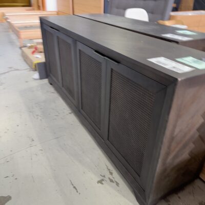 EX DISPLAY ADLEY JAPAN BLACK BUFFETT, 2200MM WITH RATTAN DOORS, BROKEN BACK LEG, SOLD AS IS