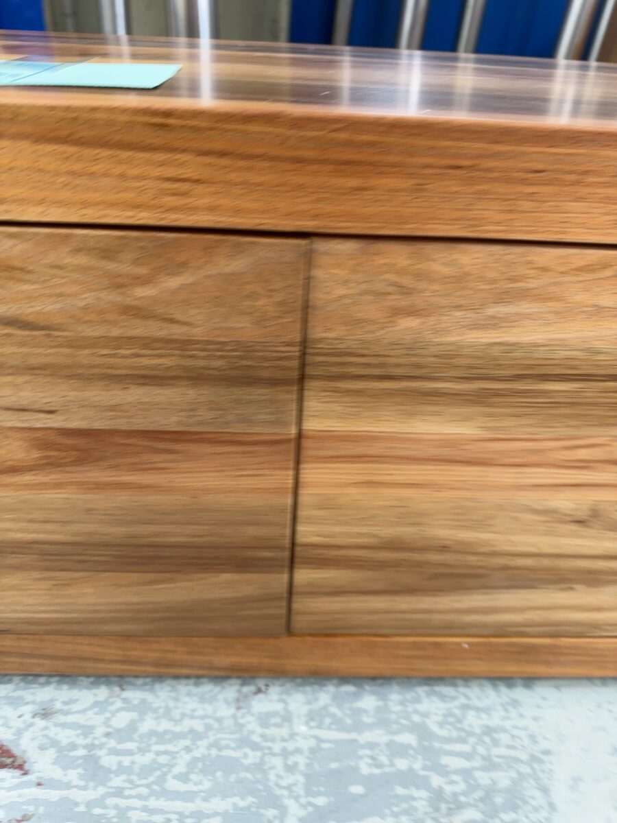 EX DISPLAY ELWOOD 2450MM BLACKWOOD TIMBER ENTERTAINMENT TV UNIT, ENCLOSED AREA FOR HARDWARE WITH PUSH BUTTON DOORS, SOLD AS IS **DOORS SLIGHTLY RUB SOLD AS IS**