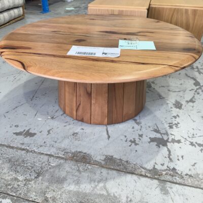EX DISPLAY JINDALEE MARRI TIMBER ROUND COFFEE TABLE, WITH PEDESTAL BASE, SOLD AS IS