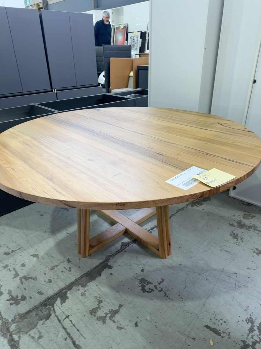 EX DISPLAY 1600MM BILBAO WORMY CHESTNUT ROUND DINING TABLE, SOLD AS IS
