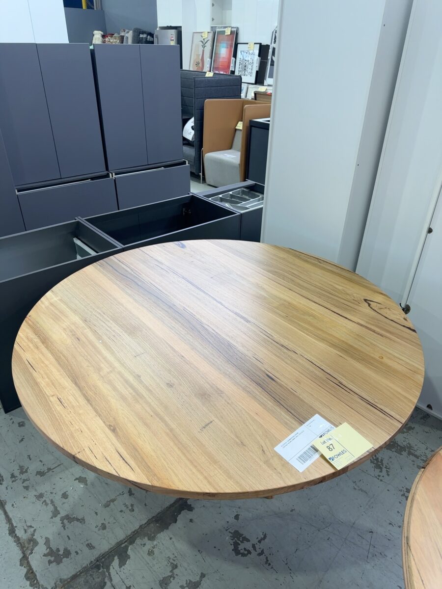 EX DISPLAY 1600MM BILBAO WORMY CHESTNUT ROUND DINING TABLE, SOLD AS IS