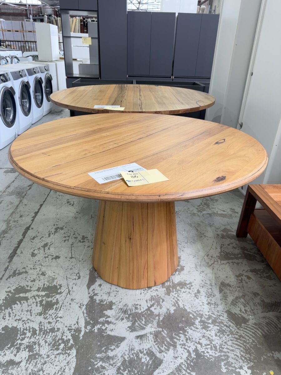 EX DISPLAY 1200MM SOHO WORMY CHESTNUT ROUND DINING TABLE, SOLD AS IS