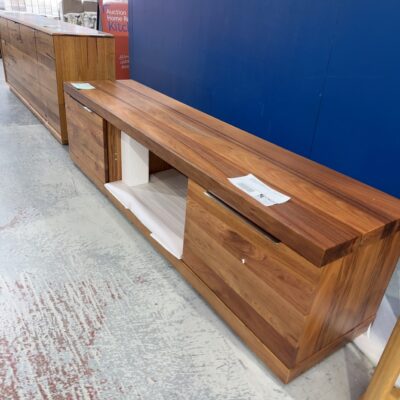 EX DISPLAY ATLAS BLACKWOOD ENTERTAINMENT UNIT 2200MM, PUSH BUTTON DOORS, SOLD AS IS