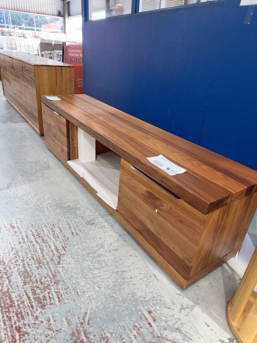 EX DISPLAY ATLAS BLACKWOOD ENTERTAINMENT UNIT 2200MM, PUSH BUTTON DOORS, SOLD AS IS