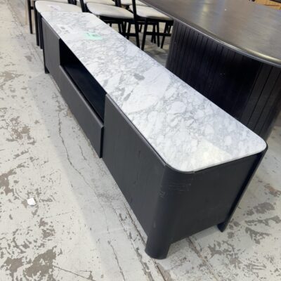 EX DISPLAY ARLO BLACK OAK TIMBER ENTERTAINMENT UNIT 2000MM WITH MARBLE TOP, DAMAGED DRAWER, SLIGHT CRACK IN STON, SOLD AS IS