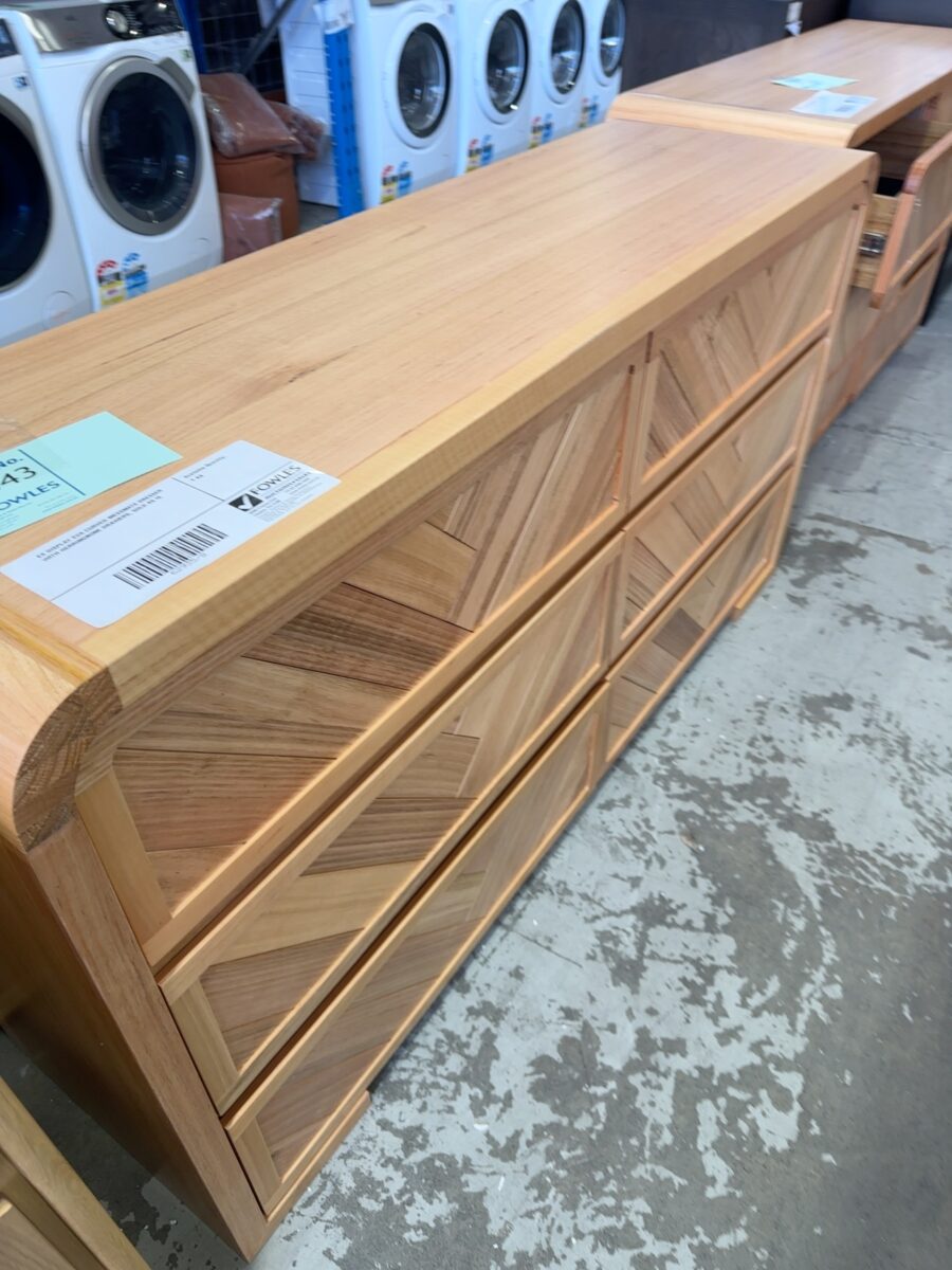 EX DISPLAY EVA CURVED MESSMATE DRESSER WITH HERRINGBONE DRAWERS, SOLD AS IS