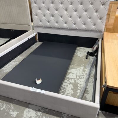 SAMPLE - ALAINA QUEEN BED FRAME, SMOKE UPHOLSTERED SOLD AS IS **MEANT TO BE GAS LIFT, NO GAS LIFT SUPPLIED, NO SLATS, NO CENTRE POST**