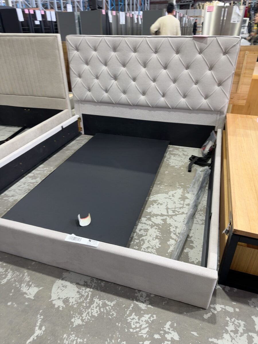 SAMPLE - ALAINA QUEEN BED FRAME, SMOKE UPHOLSTERED SOLD AS IS **MEANT TO BE GAS LIFT, NO GAS LIFT SUPPLIED, NO SLATS, NO CENTRE POST**