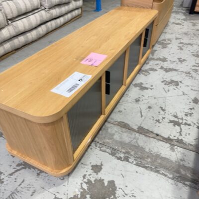 EX DISPLAY - ASTON 1800MM AMERICAN OAK ENTERTAINMENT UNIT, FLUTED GLASS SOLD AS IS