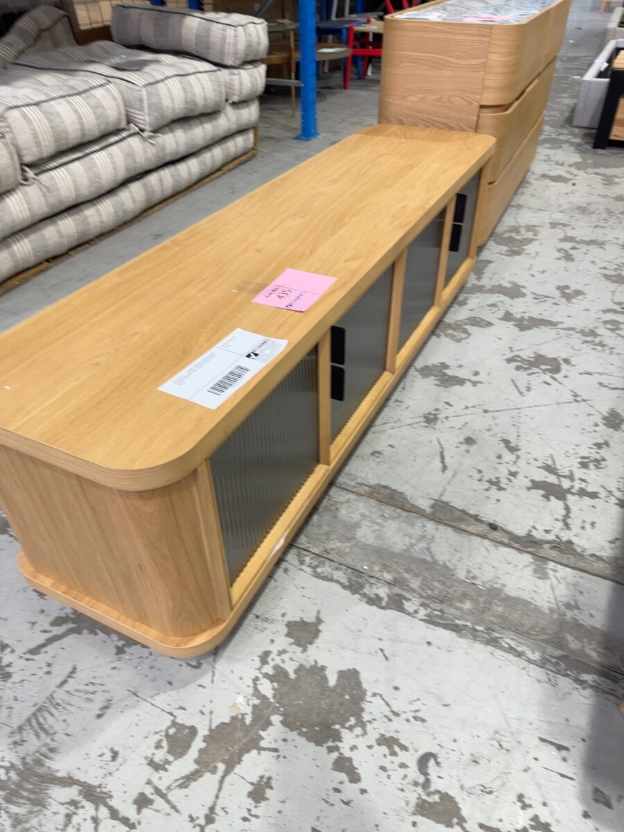 EX DISPLAY - ASTON 1800MM AMERICAN OAK ENTERTAINMENT UNIT, FLUTED GLASS SOLD AS IS