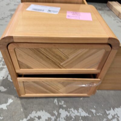 EX DISPLAY - EVA HERRINGBONE CURVED BEDSIDE, MESSMATE TIMBER SOLD AS IS