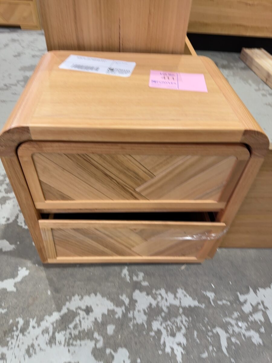 EX DISPLAY - EVA HERRINGBONE CURVED BEDSIDE, MESSMATE TIMBER SOLD AS IS