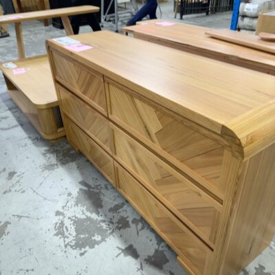 EX DISPLAY - EVA HERRINGBONE CURVED DRESSER, MESSMATE TIMBER SOLD AS IS