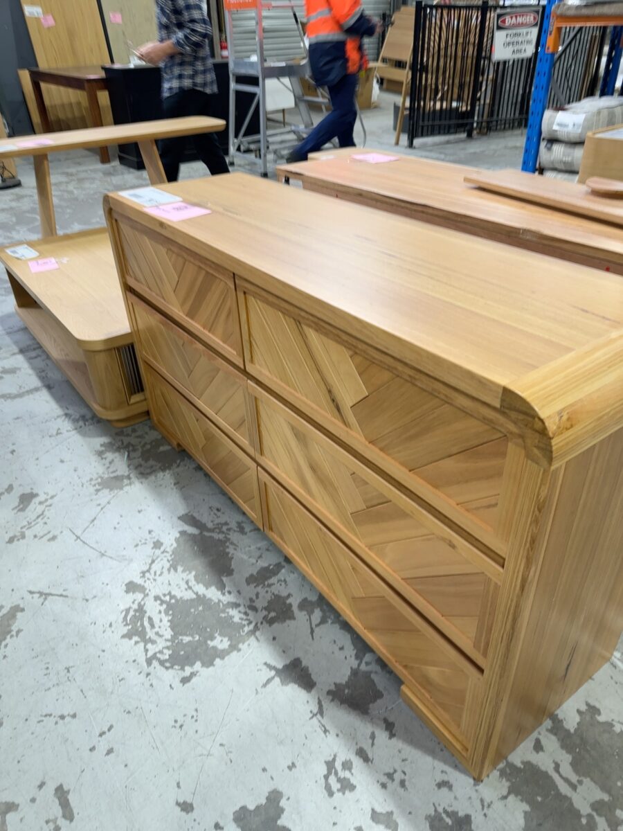 EX DISPLAY - EVA HERRINGBONE CURVED DRESSER, MESSMATE TIMBER SOLD AS IS