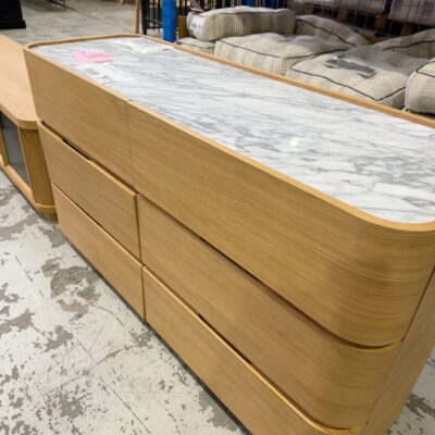 SAMPLE FURNITURE - LEONARD CURVED AMERICAN OAK DRESSER WITH MARBLE TOP SOLD AS IS