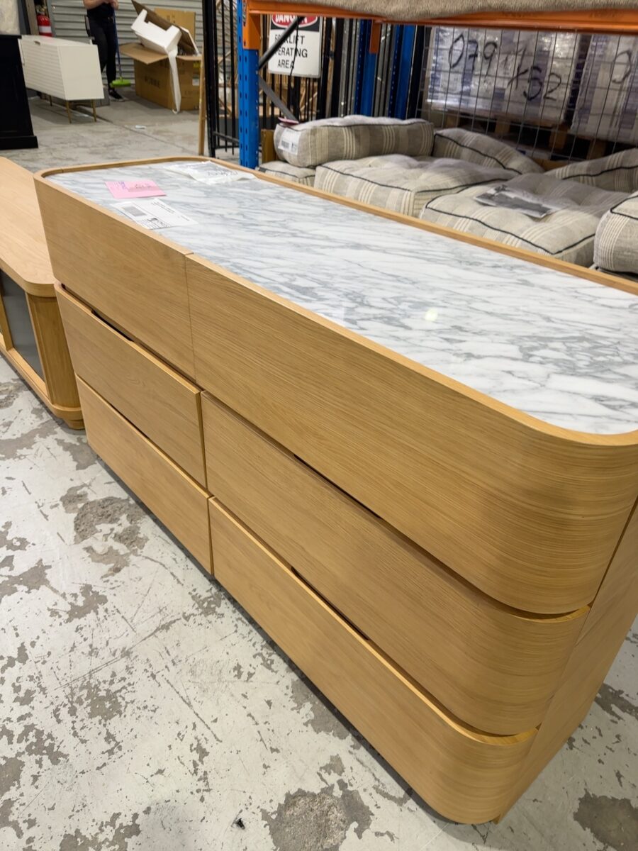 SAMPLE FURNITURE - LEONARD CURVED AMERICAN OAK DRESSER WITH MARBLE TOP SOLD AS IS