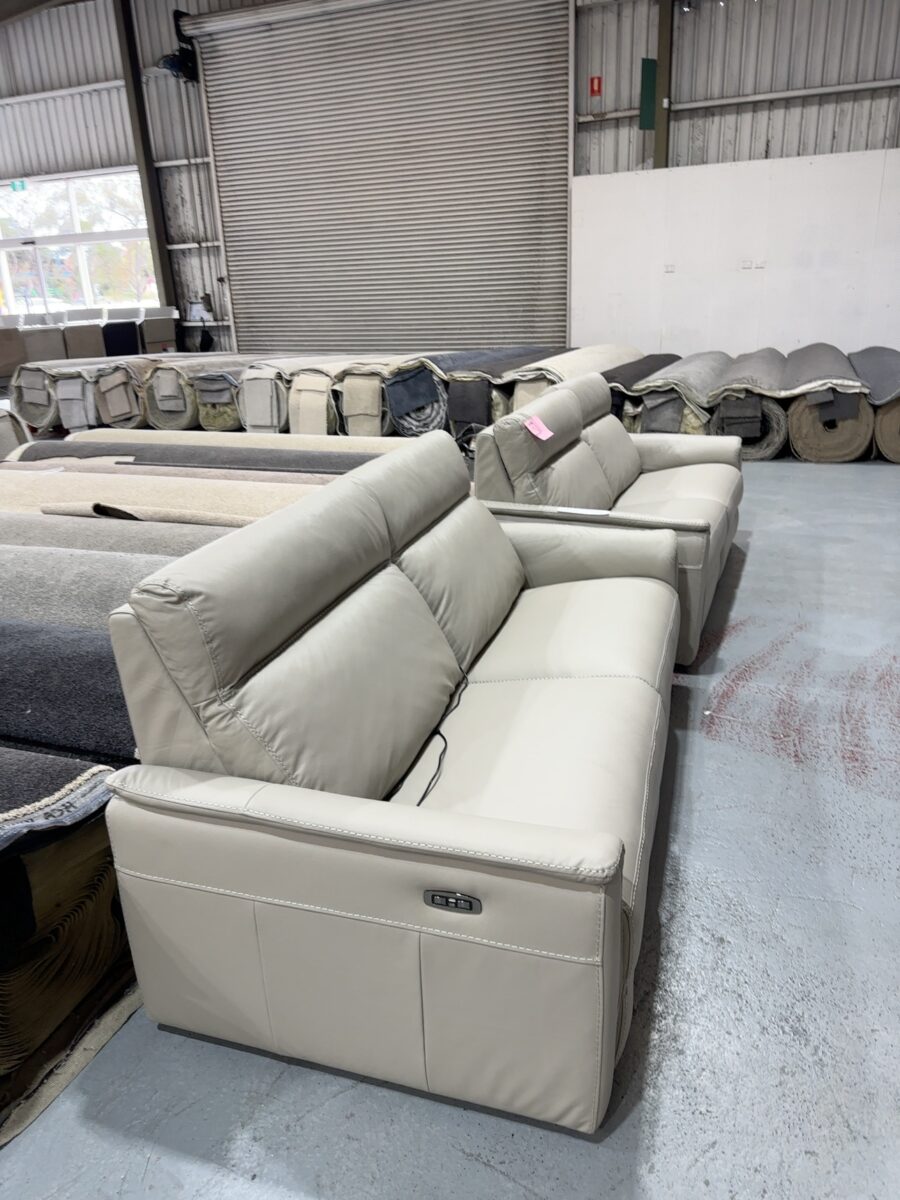 SAMPLE FURNITURE - ROMA THICK TAUPE LEATHER SOFA 2.5 SEATER, ELECTRIC RECLINERS, SOLD AS IS