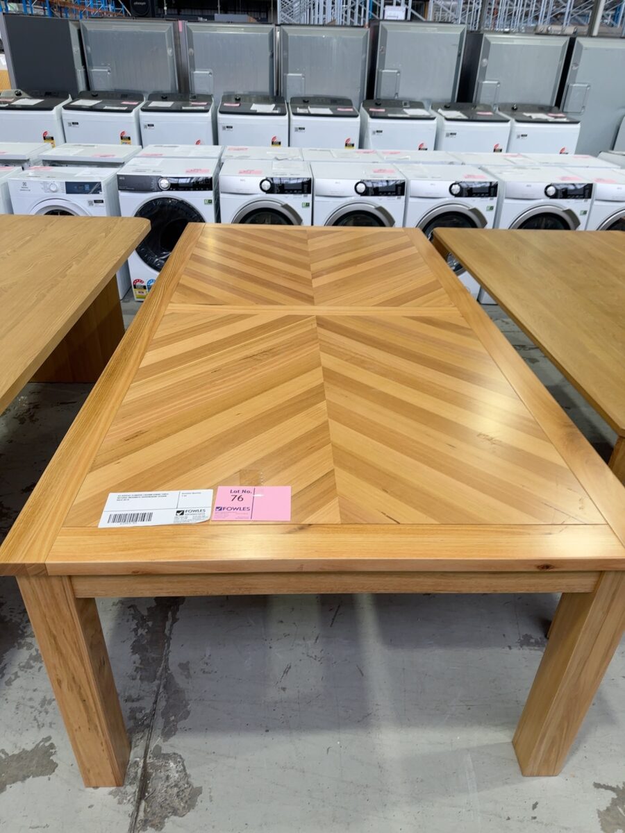 EX DISPLAY FLINDERS 2400MM DINING TABLE, NATURAL MESSMATE HERRINGBONE DESIGN,  SOLD AS IS