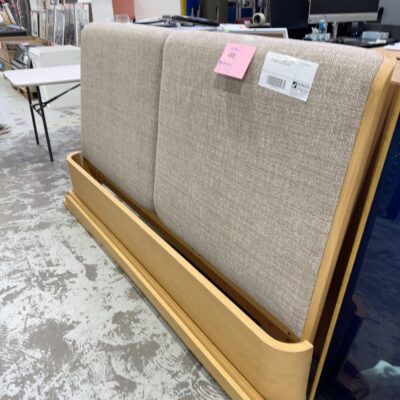 EX DISPLAY LEONARD KING SIZE BEDFRAME, UPHOLSTERED HEAD, AMERICAN OAK, SOLD AS IS - MISSING SLATS, MISSING SCREWS