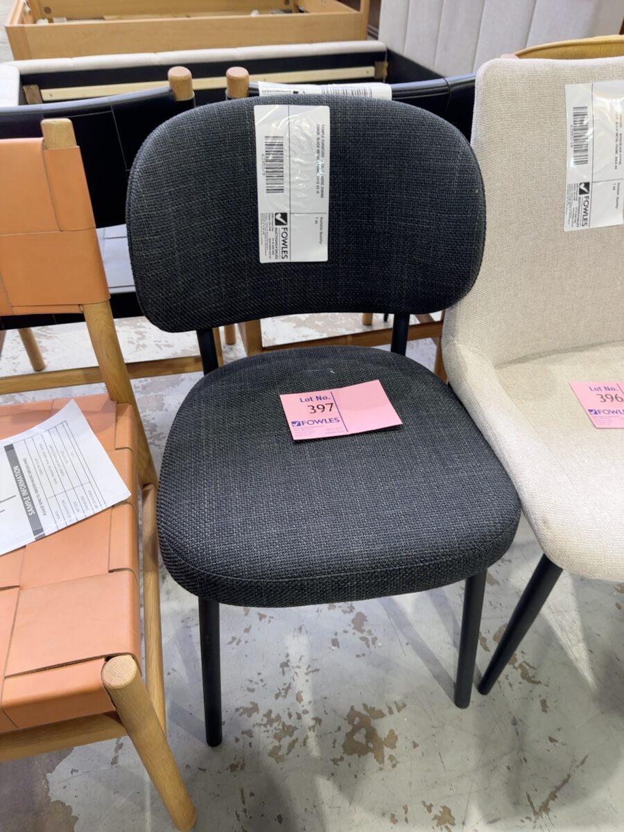 SAMPLE FURNTURE - GREY FABRIC DINING CHAIR, BLACK METAL FRAME, SOLD AS IS
