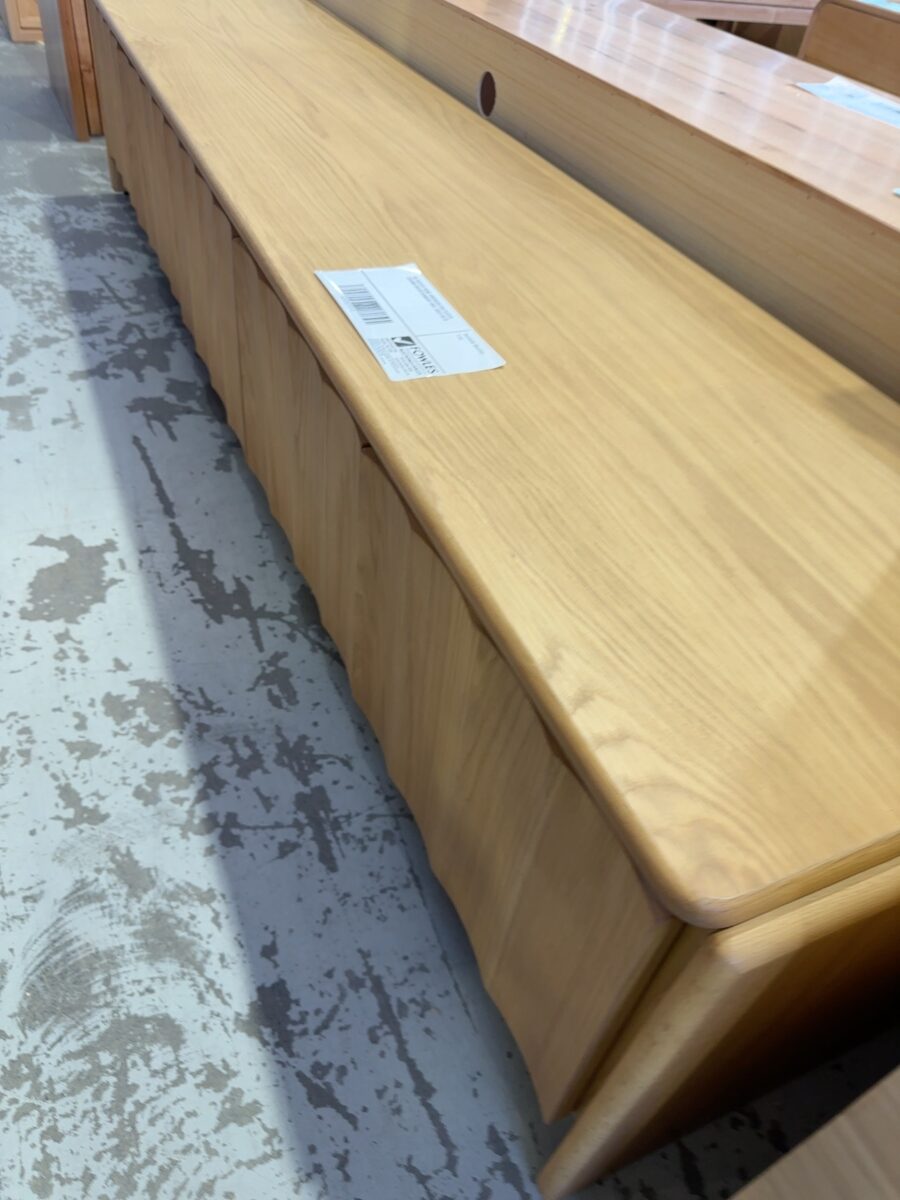 EX DISPLAY BOND AMERICAN OAK FLUTED 2200MM ENTERTAINMENT UNIT, SOLD AS IS