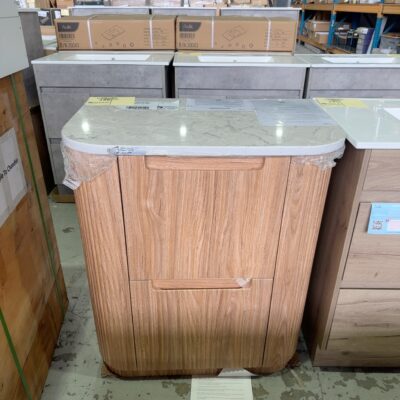 AULIC VARCELLI 750MM FLOOR VANITY, HARVEST OAK FLUTED CURVED VANITY CABINET WITH DRAWERS, WITH CURVED ALPINE SOLID STONE TOP, CA58-750-ST86FT RRP90