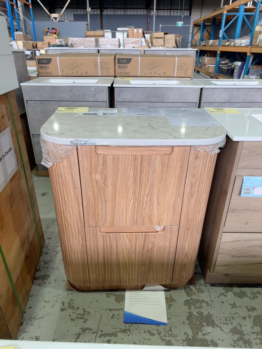 AULIC VARCELLI 750MM FLOOR VANITY, HARVEST OAK FLUTED CURVED VANITY CABINET WITH DRAWERS, WITH CURVED ALPINE SOLID STONE TOP, CA58-750-ST86FT RRP$2290