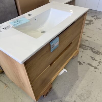NEW AULIC MORENO FINGER PULL 900MM WALL HUNG VANITY, NATURAL TIMBER, 2 DRAWERS WITH CERAMIC TOP RRP0 CAWH51-900 & CT28-900
