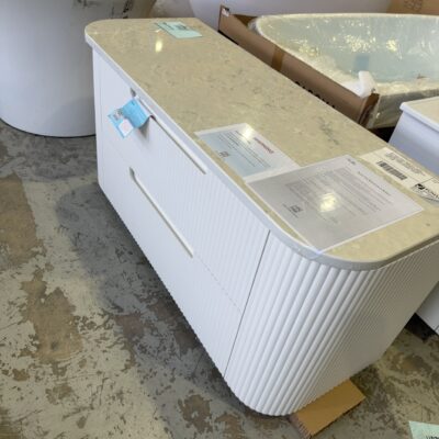 NEW AULIC CURVA FINGER PULL 1200MM WALL HUNG VANITY, CURVED & FLUTED WHITE 2 DRAWER CABINET WITH CURVED STONE ALPINE TOP, RRP90 CAW46-1200 & ST86-1200
