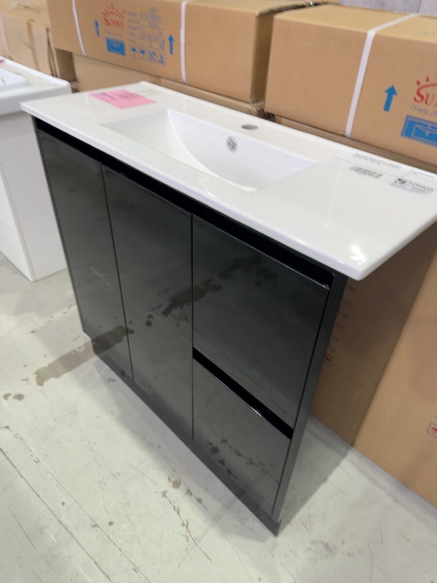 NEW 900MM NARROW VANITY, 360MM DEEP, BLACK GLOSS FINGER PULL WITH CERAMIC TOP, SK32-900/ UV32-900