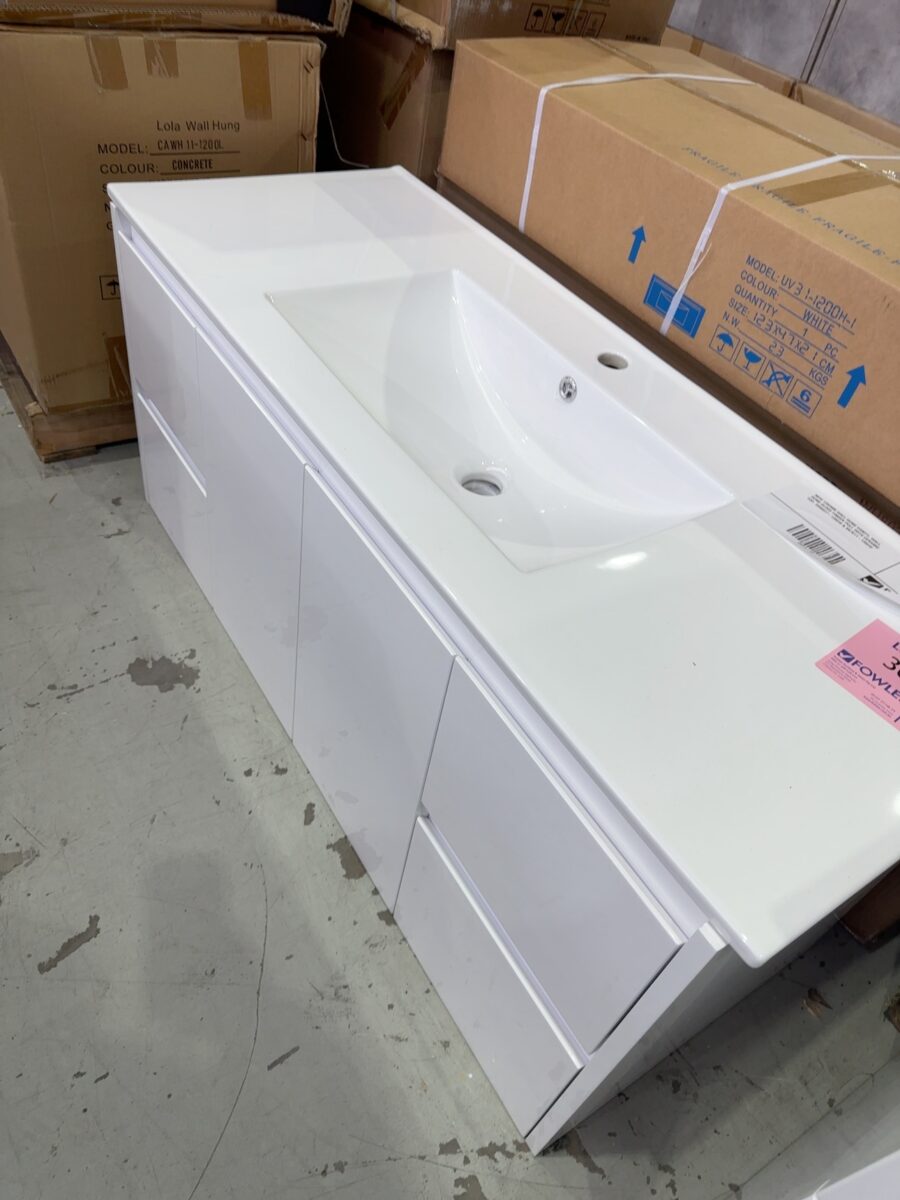 NEW 1200MM WALL HUNG VANITY, WALL HUNG GLOSS FINGER PULL WITH CERAMIC TOP, WH8027-1200W & SK7011-1200W