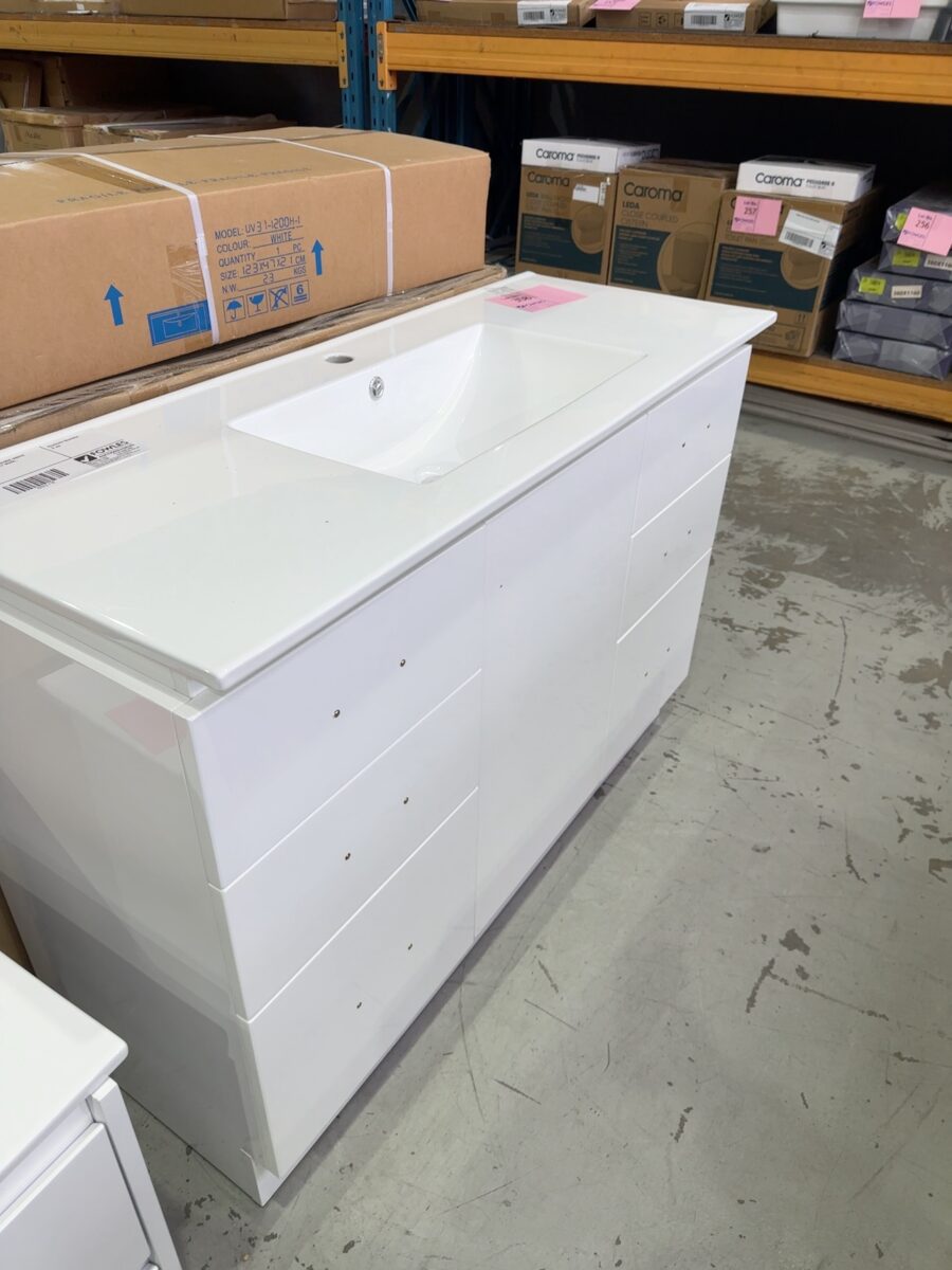 NEW 1200MM FLOOR VANITY GLOSS WHITE WITH SEMI RECESSED VANITY BOWL, P892-1200G/C892-1200