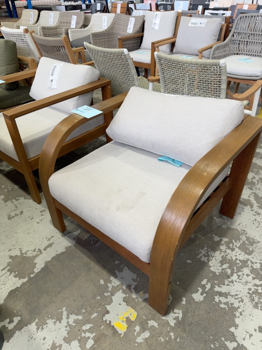 NEW TIMBER FRAMED OUTDOOR ARMCHAIR, SOLD AS IS