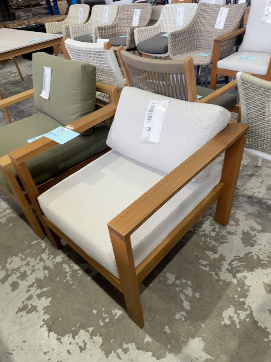NEW TIMBER FRAMED OUTDOOR ARMCHAIR, SOLD AS IS