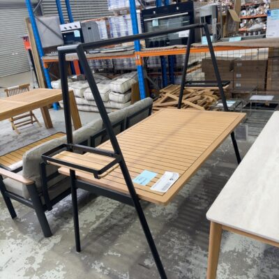 NEW BALCONY TEAK TIMBER OUTDOOR TABLE WITH HANGING PLANT FRAME, SOLD AS IS