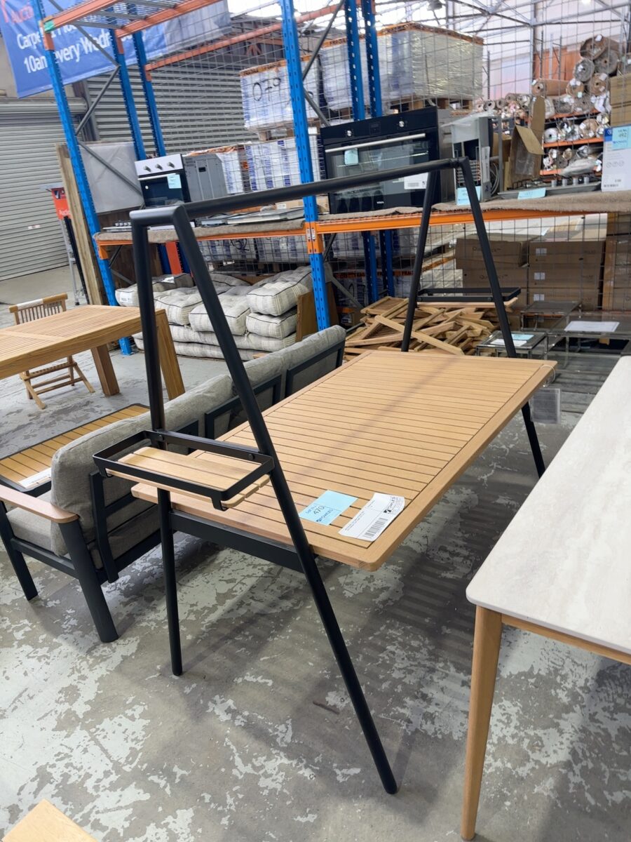 NEW BALCONY TEAK TIMBER OUTDOOR TABLE WITH HANGING PLANT FRAME, SOLD AS IS