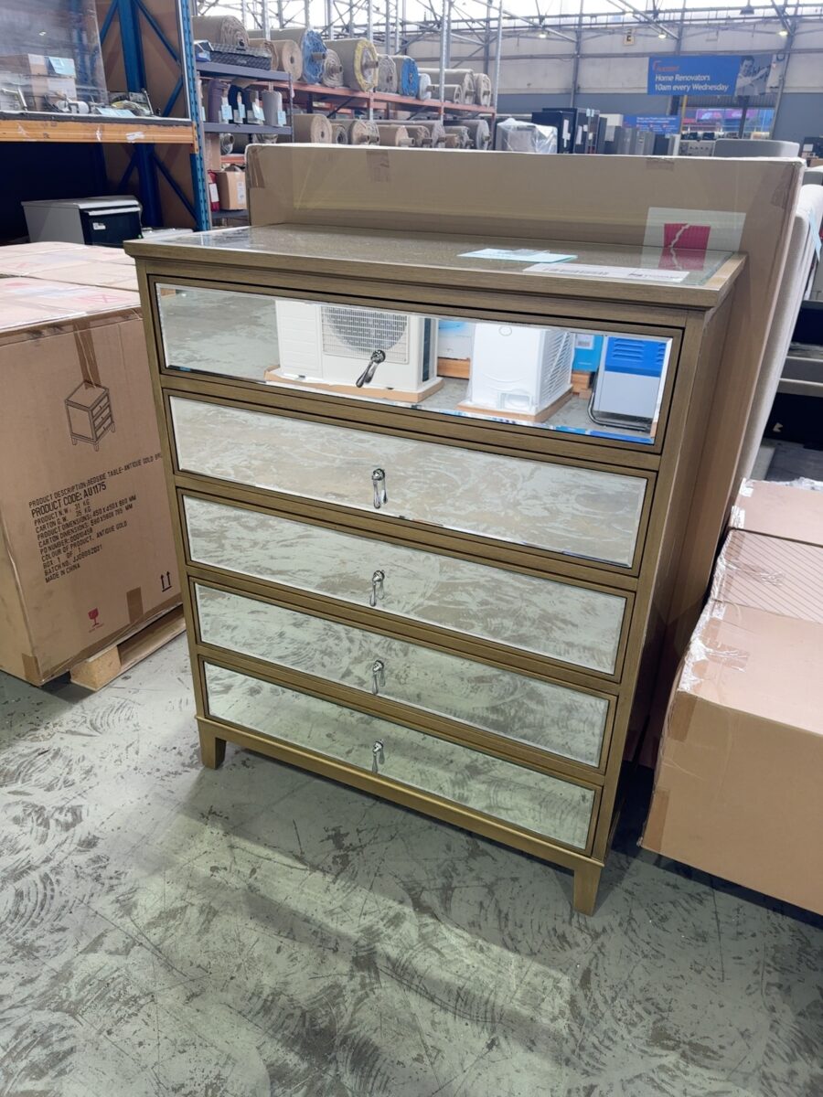 NEW MIRROR & WOOD TALLBOY, ANTIQUE GOLD FINISH RRP$1599 AU1177