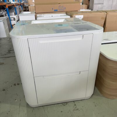 NEW AULIC 900MM CURVA FLOOR STANDING VANITY, MATT WHITE FLUTED 2 DRAWERS, WITH CURVED STONE TOP RRP79 CA57-900-ST56FT