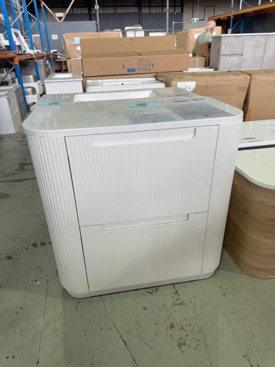 NEW AULIC 900MM CURVA FLOOR STANDING VANITY, MATT WHITE FLUTED 2 DRAWERS, WITH CURVED STONE TOP RRP$2779 CA57-900-ST56FT