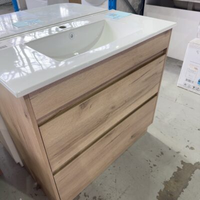 NEW AULIC MAX 900MM FLOOR VANITY, TIMBER LOOK FINGERPULL DRAWERS, WITH CRYSTAL CERAMIC VANITY TOP RRP0 CA10-900-CT28
