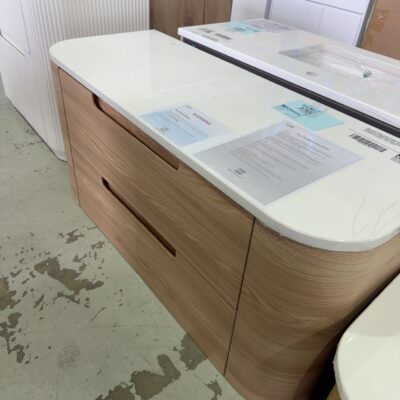 NEW AULIC BRIONY CURVE 1200MM WALL HUNG VANITY, TIMBER LOOK FINGER PULL DRAWERS, WITH CURVED PURE FLAT STONE TOP RRP55 CAWH48-1200-ST56FT