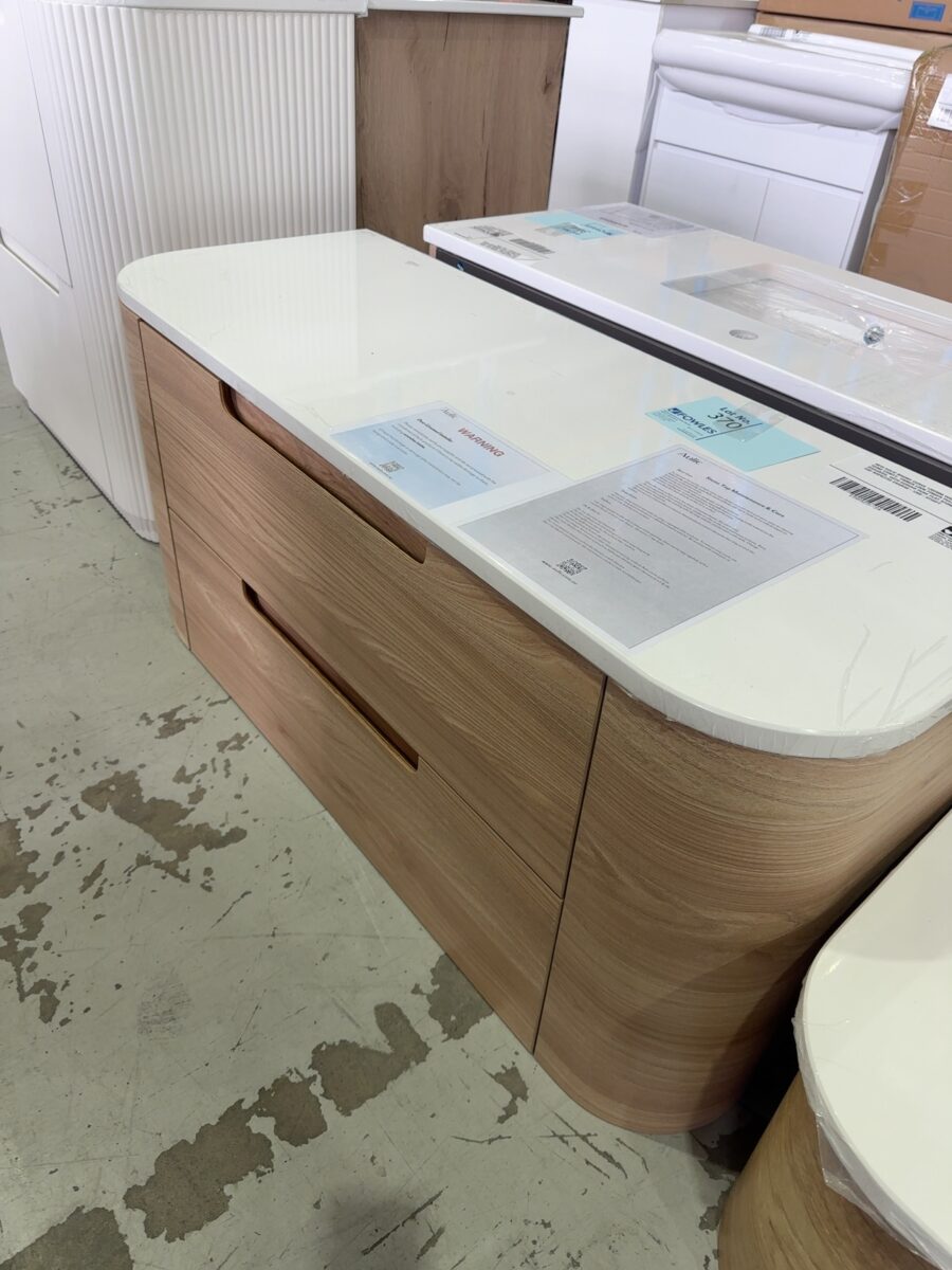 NEW AULIC BRIONY CURVE 1200MM WALL HUNG VANITY, TIMBER LOOK FINGER PULL DRAWERS, WITH CURVED PURE FLAT STONE TOP RRP$2255 CAWH48-1200-ST56FT